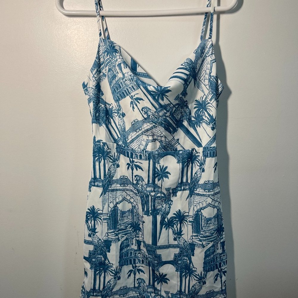 Cowl Neck Blue and White Silk Mini Dress